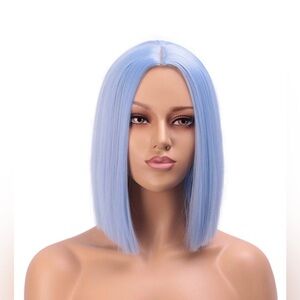 Light Blue Wig Straight Hair Bob Cut Middle Part Shoulder  new year christmas